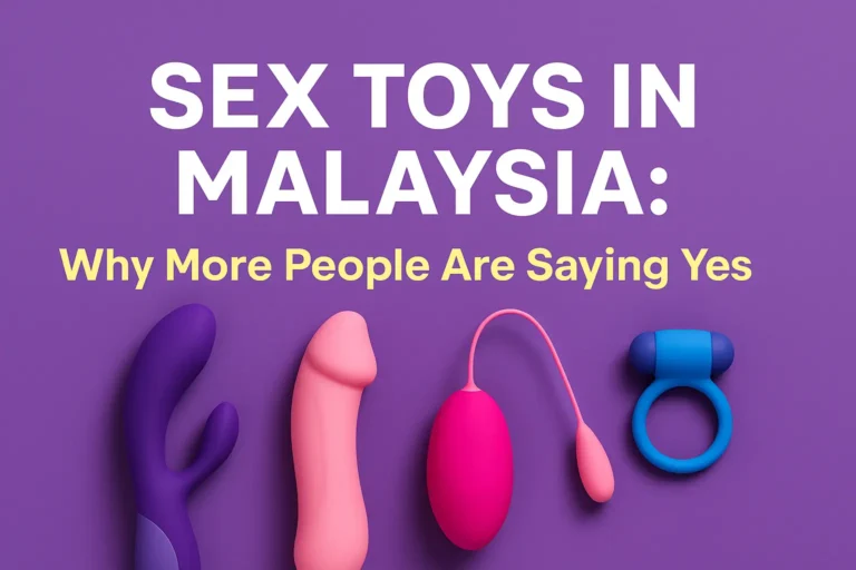 Sex toys in Malaysia – growing acceptance among Malaysians with colorful vibrator, dildo, and couple toys on a purple background